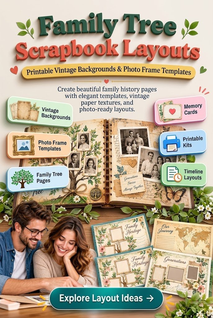 Family Tree Scrapbook Layouts: Printable Vintage Backgrounds and Photo Frame Templates