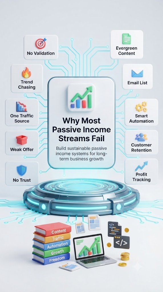 Prompt: A vertical 9:16 3D Pixar-style infographic and mind map illustration, centered on a sleek glowing cybernetic circular stage. In the center, a prominent rounded card with a 3D growth chart icon displays bold clear text: "Why Most Passive Income Streams Fail" and subtitle "Build sustainable passive income systems for long-term business growth". Surrounding the central platform are multiple floating white UI cards with colorful icons and clean typography, connected by glowing cyan circuit board lines. On the left side, cards display: "No Validation" (with a red target icon), "Trend Chasing" (with a flame icon), "One Traffic Source" (with a declining bar chart), "Weak Offer" (with a red box icon), and "No Trust" (with a blue shield icon). On the right side, cards display: "Evergreen Content" (with a green document icon), "Email List" (with a blue mail icon), "Smart Automation" (with yellow gear icons), "Customer Retention" (with a user group icon), and "Profit Tracking" (with an upward trending chart). At the bottom, stack of colorful books labeled "Content", "Traffic", "Automation", "Growth", "Freedom", a mini laptop showing a green financial growth chart, floating article icons, code snippet tags, and gold coins. Bright studio lighting, clean white background, vibrant colors, ultra-high resolution, 3D render style.