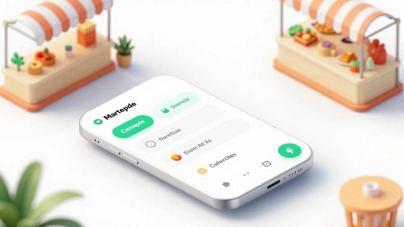 Isometric device mockup showing a marketplace interface with lice