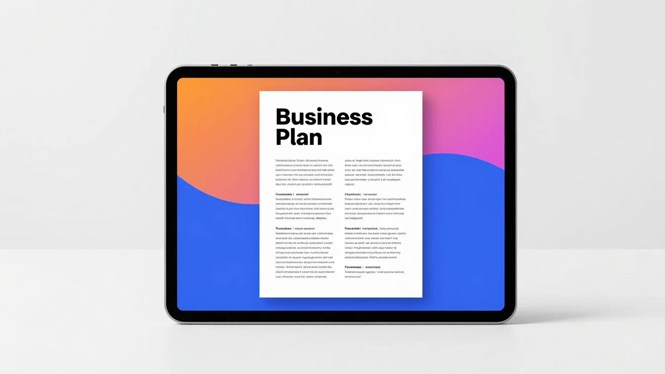 Digital mockup of a business plan document on a tablet screen, cr