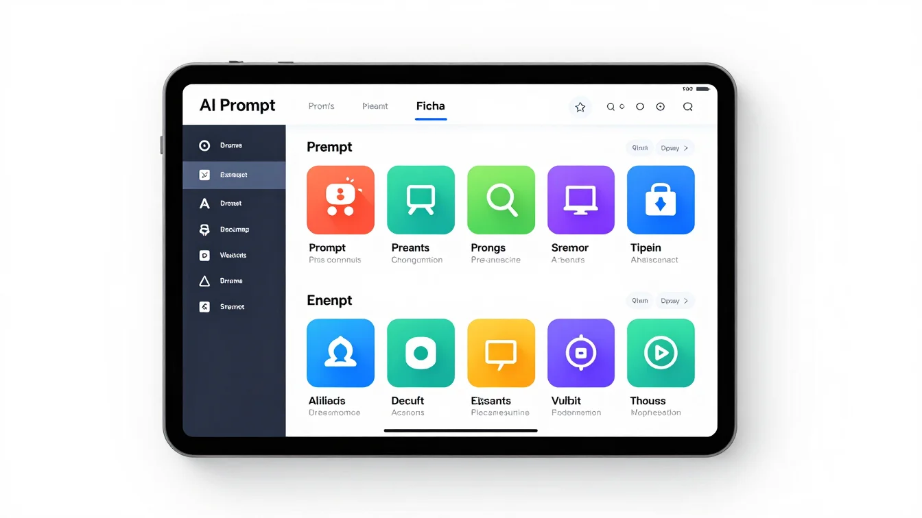 Digital product mockup of an AI prompt library interface on a tab