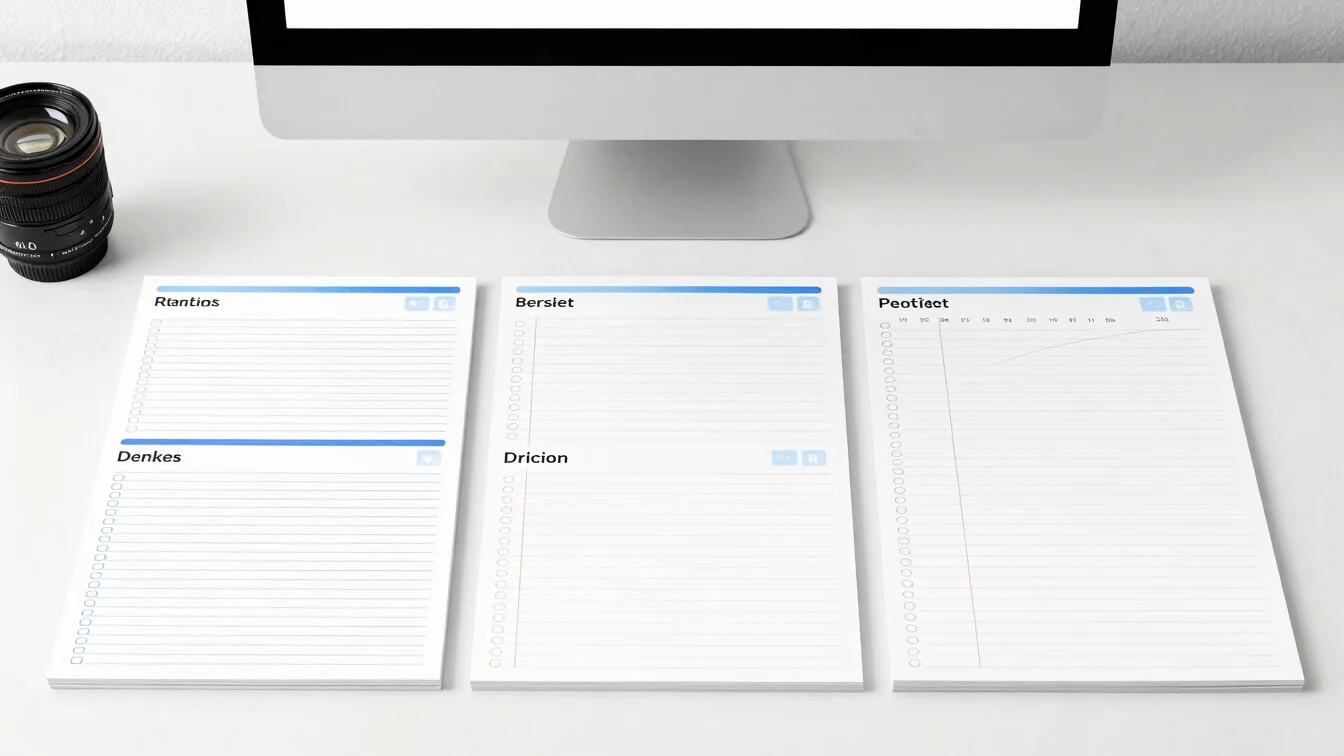 Flat-lay desktop view of digital printable planner pages, crisp s