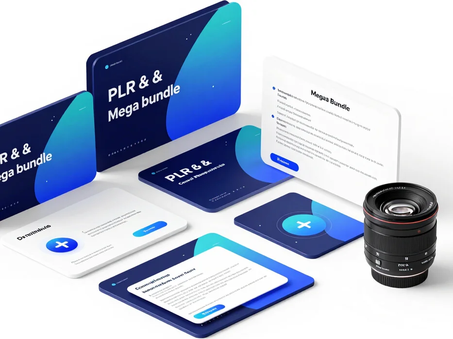 Isometric view of a digital product mockup showcasing a PLR & MRR