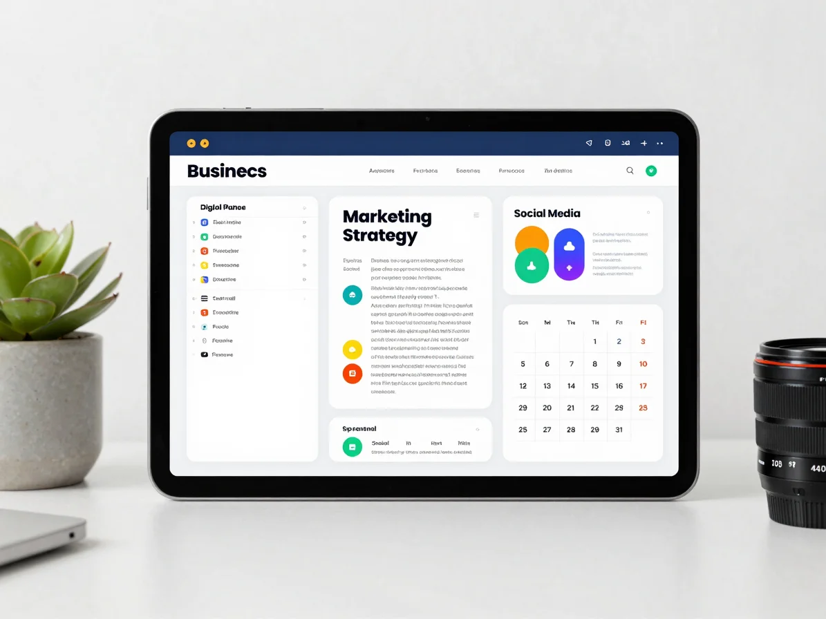 Flat-lay desktop view of a business resource bundle mockup, displ