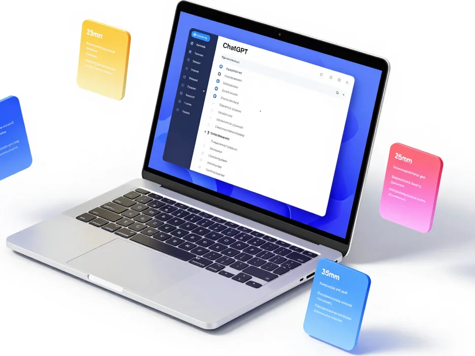 Isometric device mockup of an AI resource collection, with a lapt