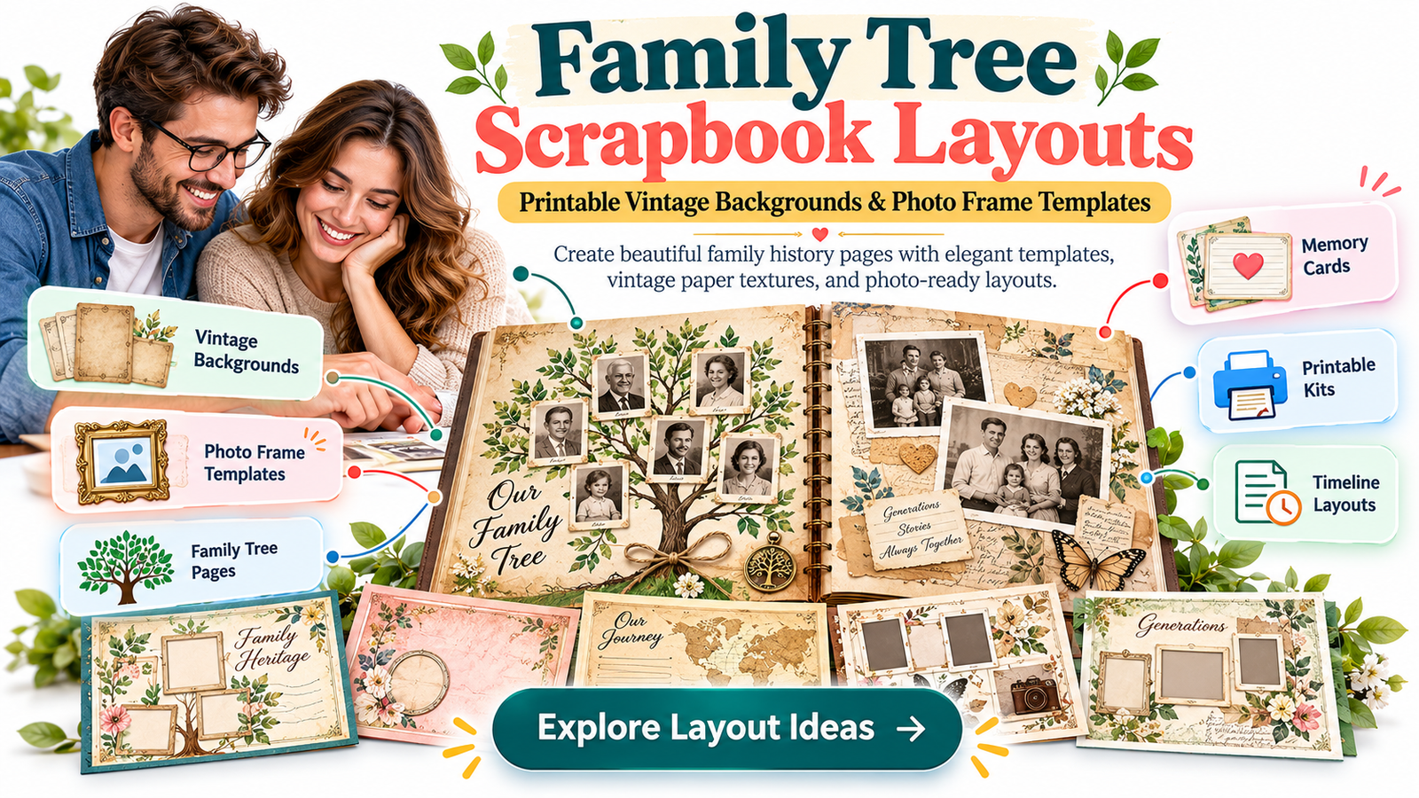 Family Tree Scrapbook Layouts: Printable Vintage Backgrounds and Photo Frame Templates