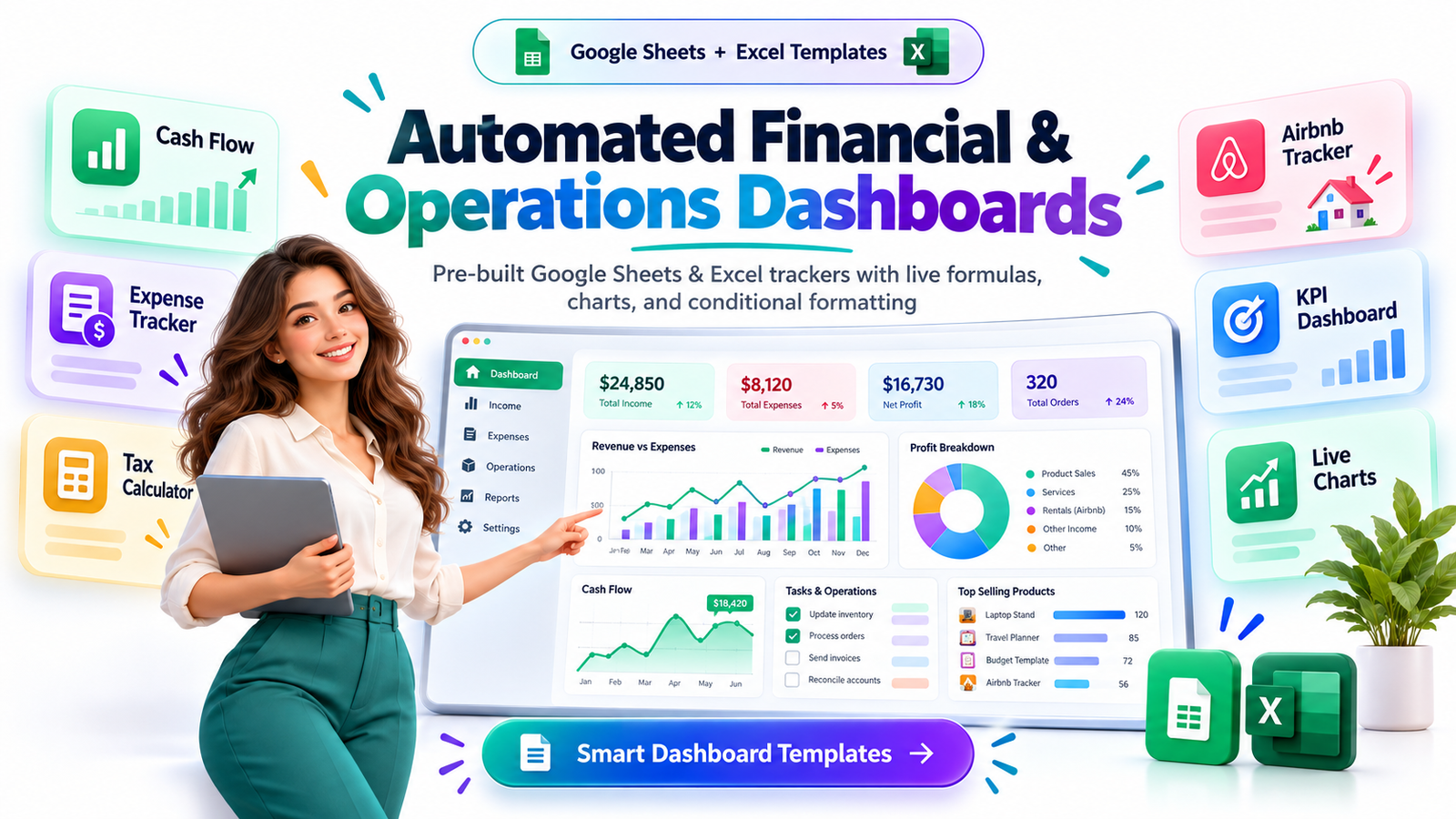 Learn how to build and sell automated Google Sheets and Excel financial dashboards with live formulas, charts, cash-flow tracking, KPIs, and niche-specific business automation.