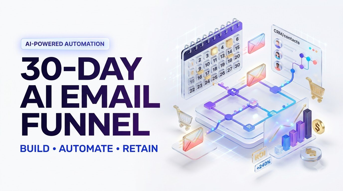 Create a bright, ultra-modern premium commercial blog banner, 16:9, 2560x1440, pure white background. Large crisp high-contrast headline: 30-DAY AI EMAIL FUNNEL. Subtitle: BUILD • AUTOMATE • RETAIN. Premium 3D isometric email automation dashboard with 30-day calendar, glowing envelopes, branching workflow lines, CRM panel, analytics chart, shopping-cart icons, polished violet electric-blue coral-pink and golden accents, glassmorphism, subtle shadows, immaculate spacious typography, balanced mobile-safe design, ultra-detailed 8K commercial editorial finish, no watermark.