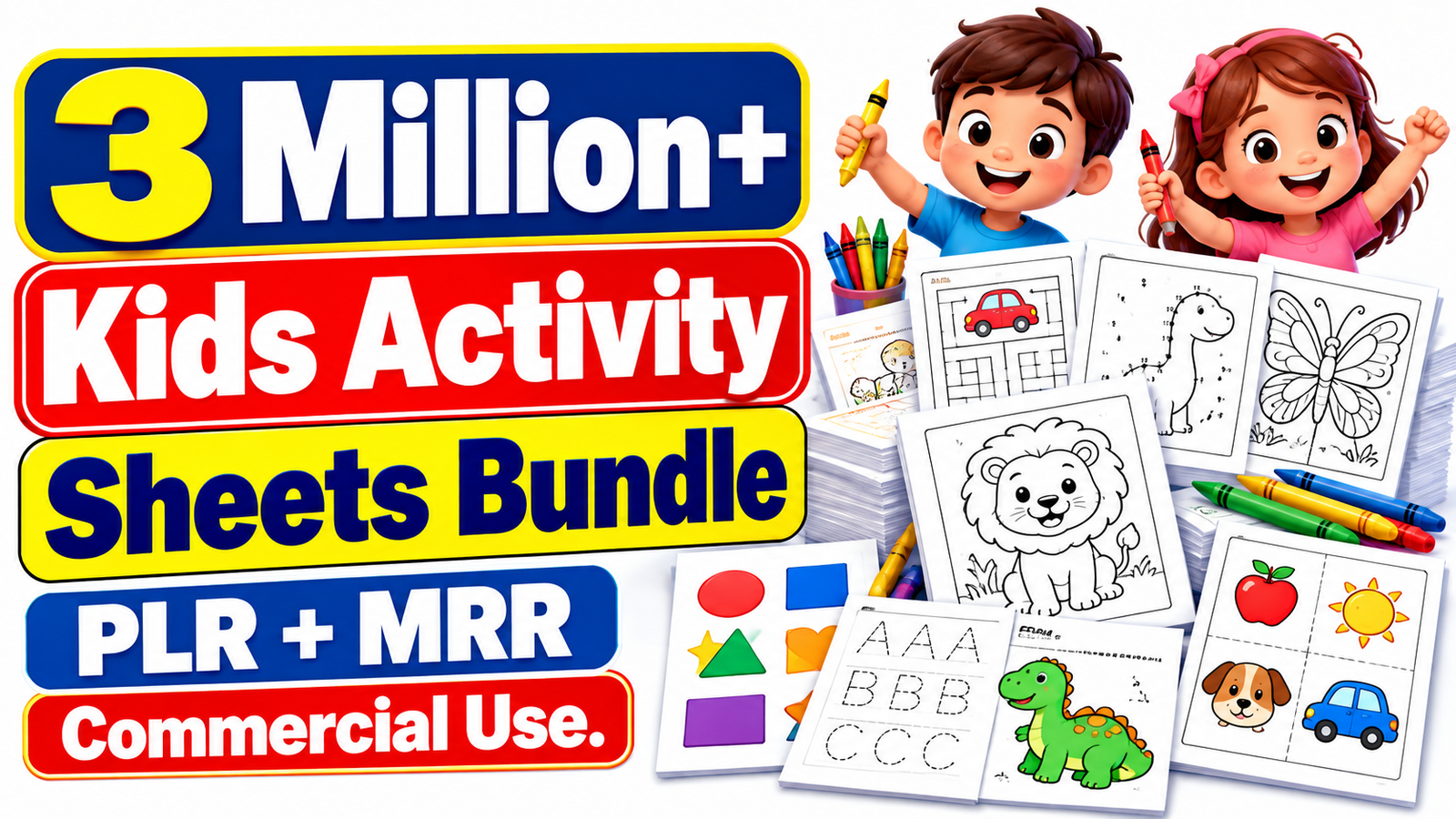 3 Million+ Kids Activity Sheets Bundle PLR + MRR Commercial Use.